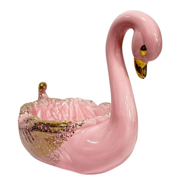 Mid Century Pink ceramic swan figure figurine ashtray soap dish gold highlights - Picture 2 of 7